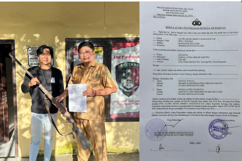 Operasi Senpi Musi 2025, Kades Mekar Sari Serahkan Senpi Milik Warga ke Polsek Keluang