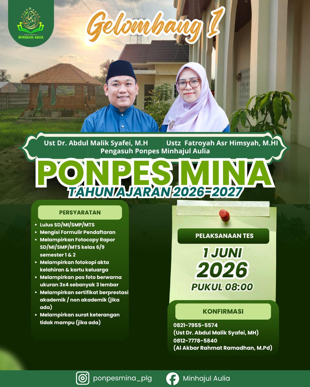 Ponpes Mina Palembang Buka PPDB 2026-2027, Tes Gelombang I Dimulai 1 Juni