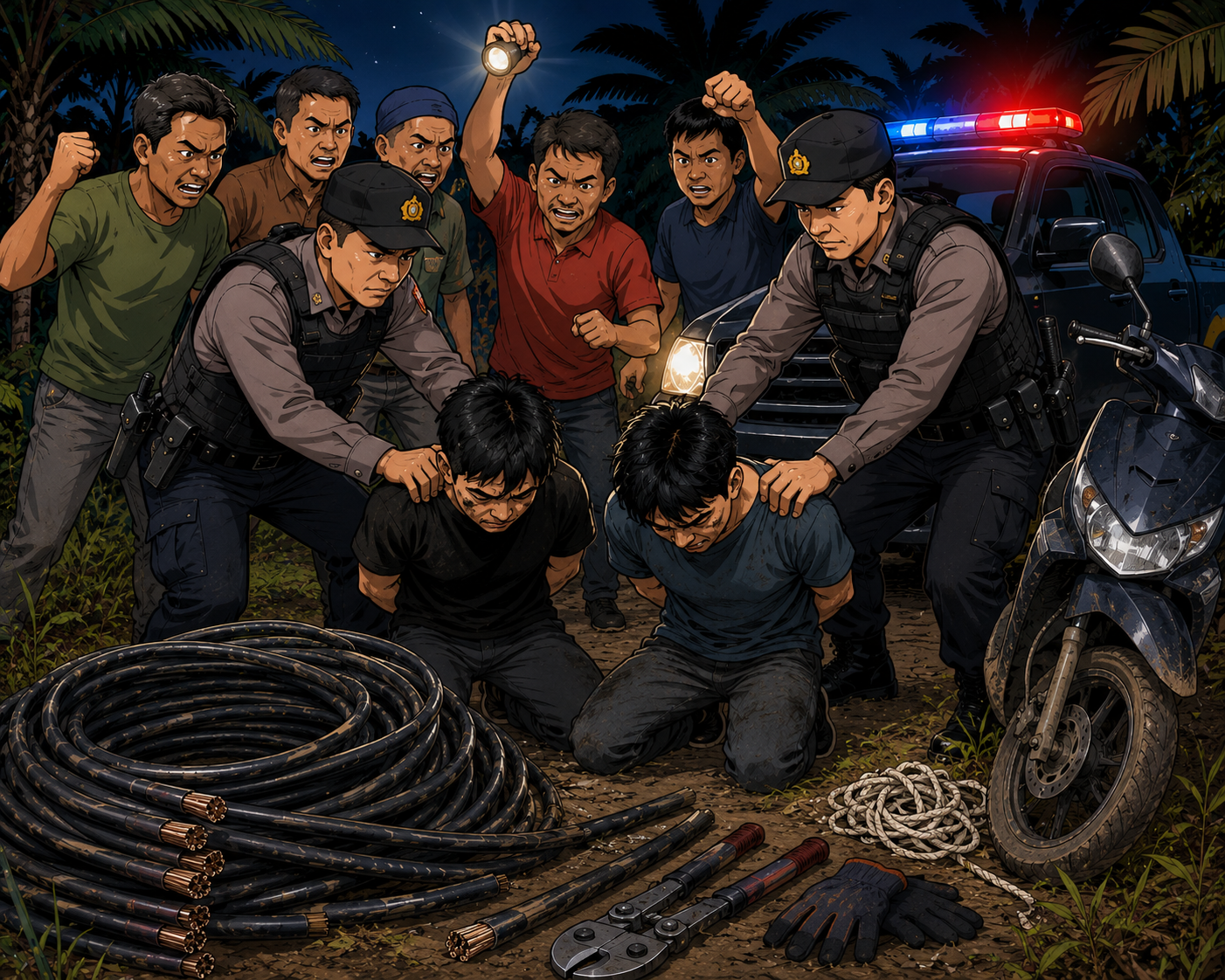 Aksi Pencurian Kabel PT MEP Digagalkan Warga, Dua Pelaku Dibekuk Polsek Keluang